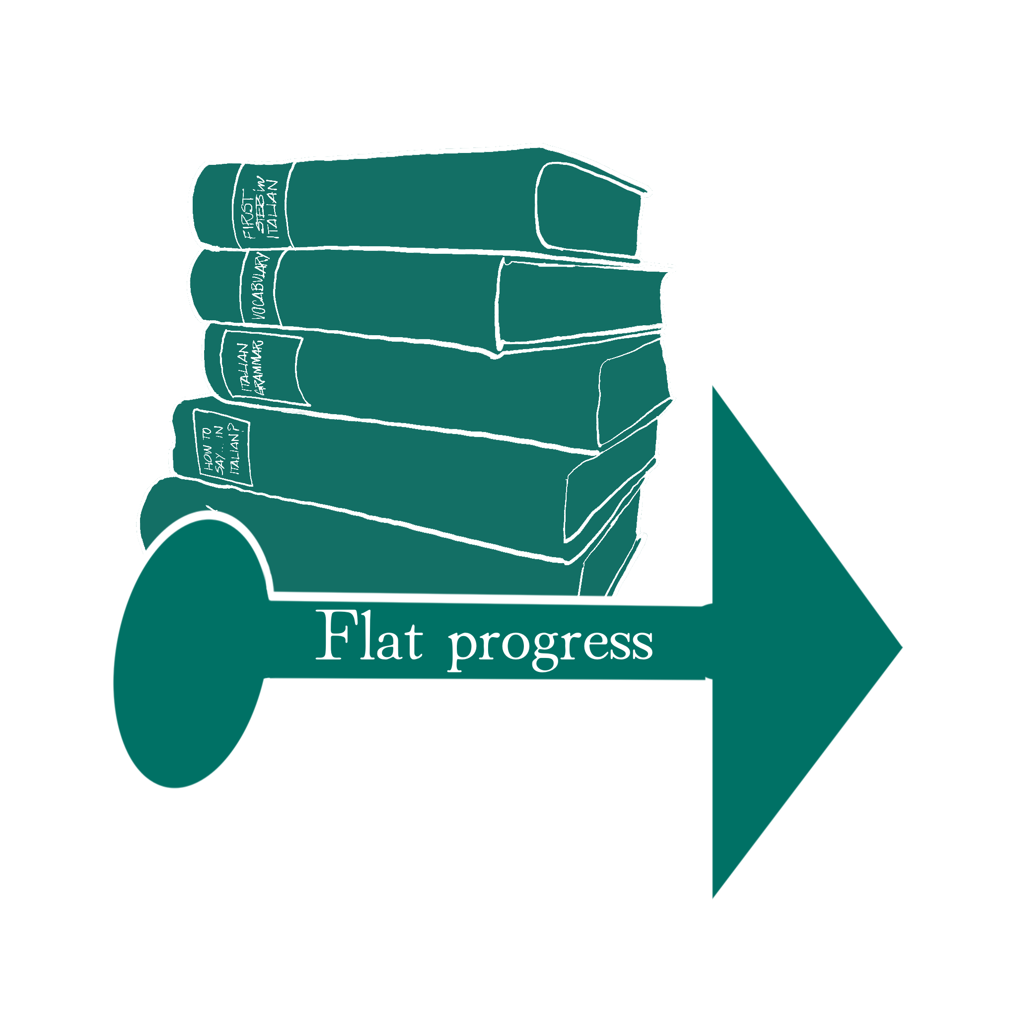 A pile of textbooks above an arrow labelled flat progress